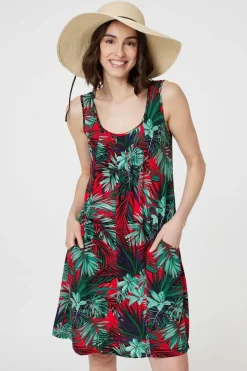 Leaf Print Sleeveless Tunic Dress