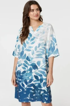 Leaf Print 3/4 Sleeve Relaxed Shift Dress