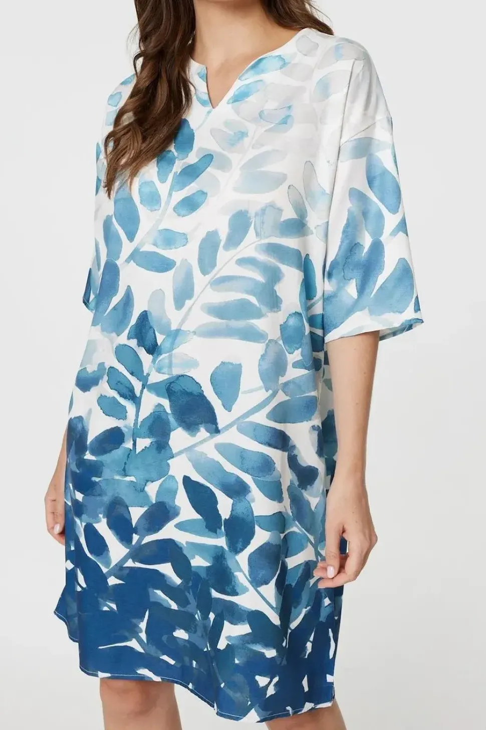 Leaf Print 3/4 Sleeve Relaxed Shift Dress