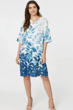 Leaf Print 3/4 Sleeve Relaxed Shift Dress