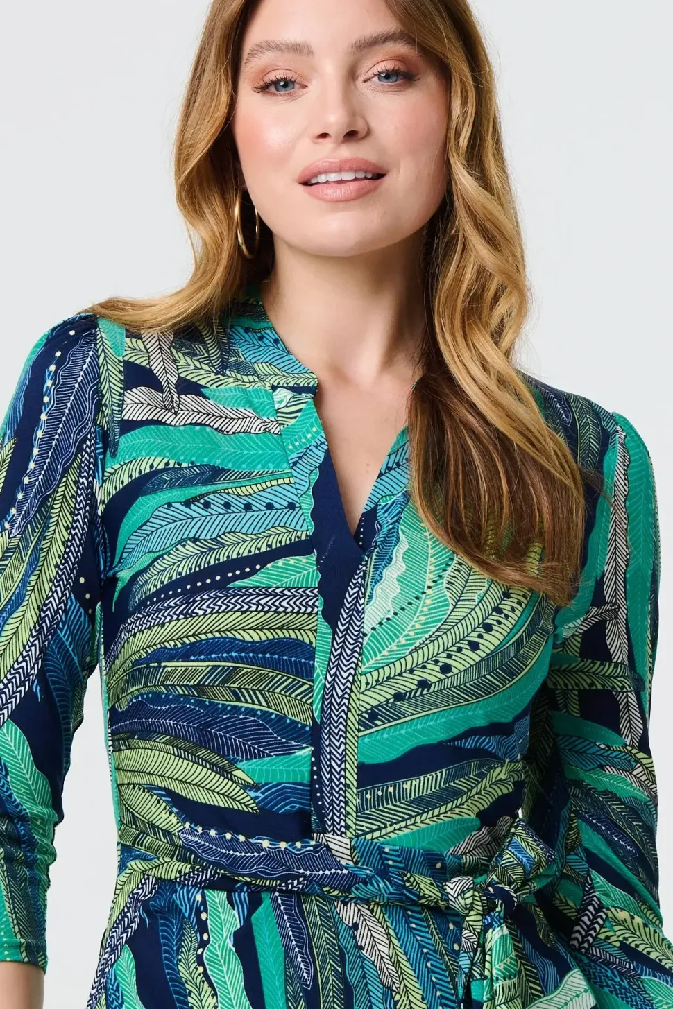 Leaf Print 3/4 Sleeve Short Wrap Dress