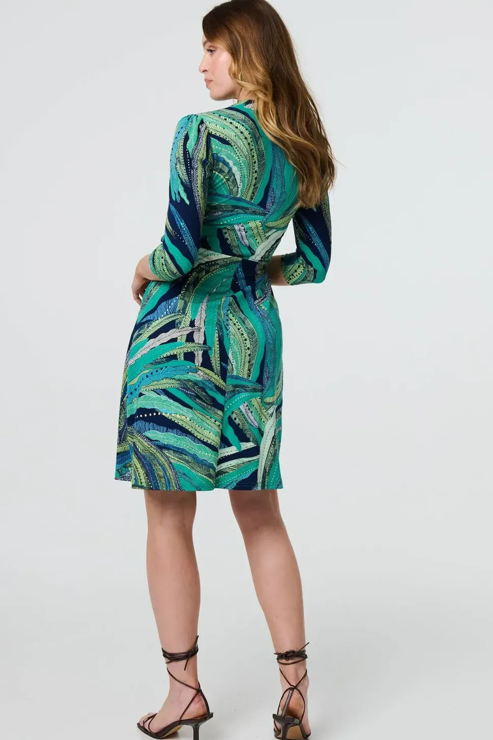 Leaf Print 3/4 Sleeve Short Wrap Dress