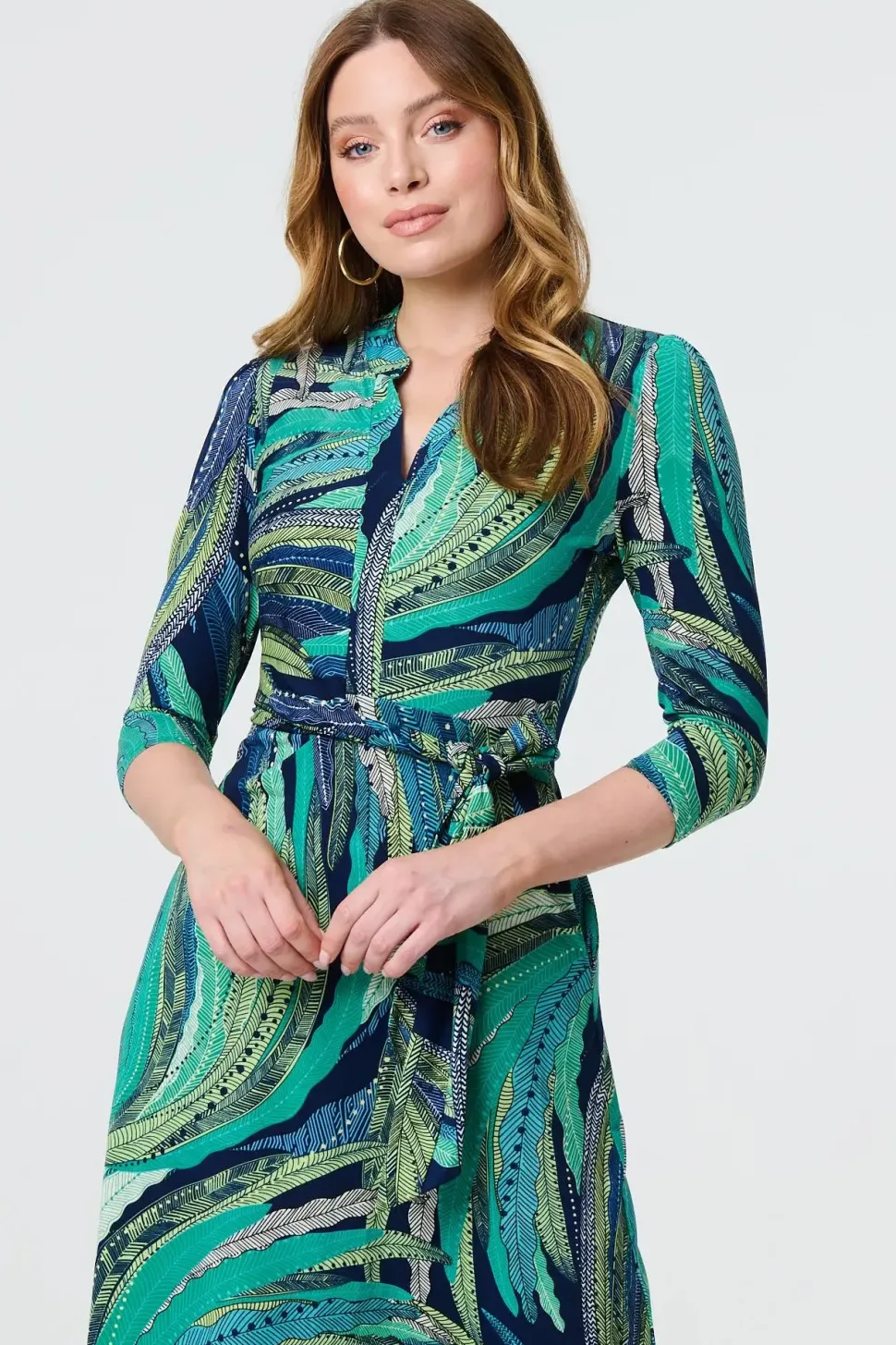 Leaf Print 3/4 Sleeve Short Wrap Dress