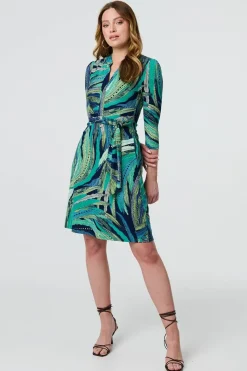 Leaf Print 3/4 Sleeve Short Wrap Dress