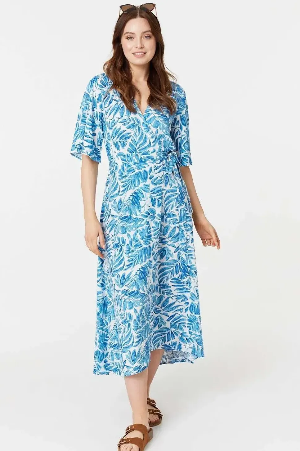 Leaf Print 1/2 Sleeve Wrap Dress