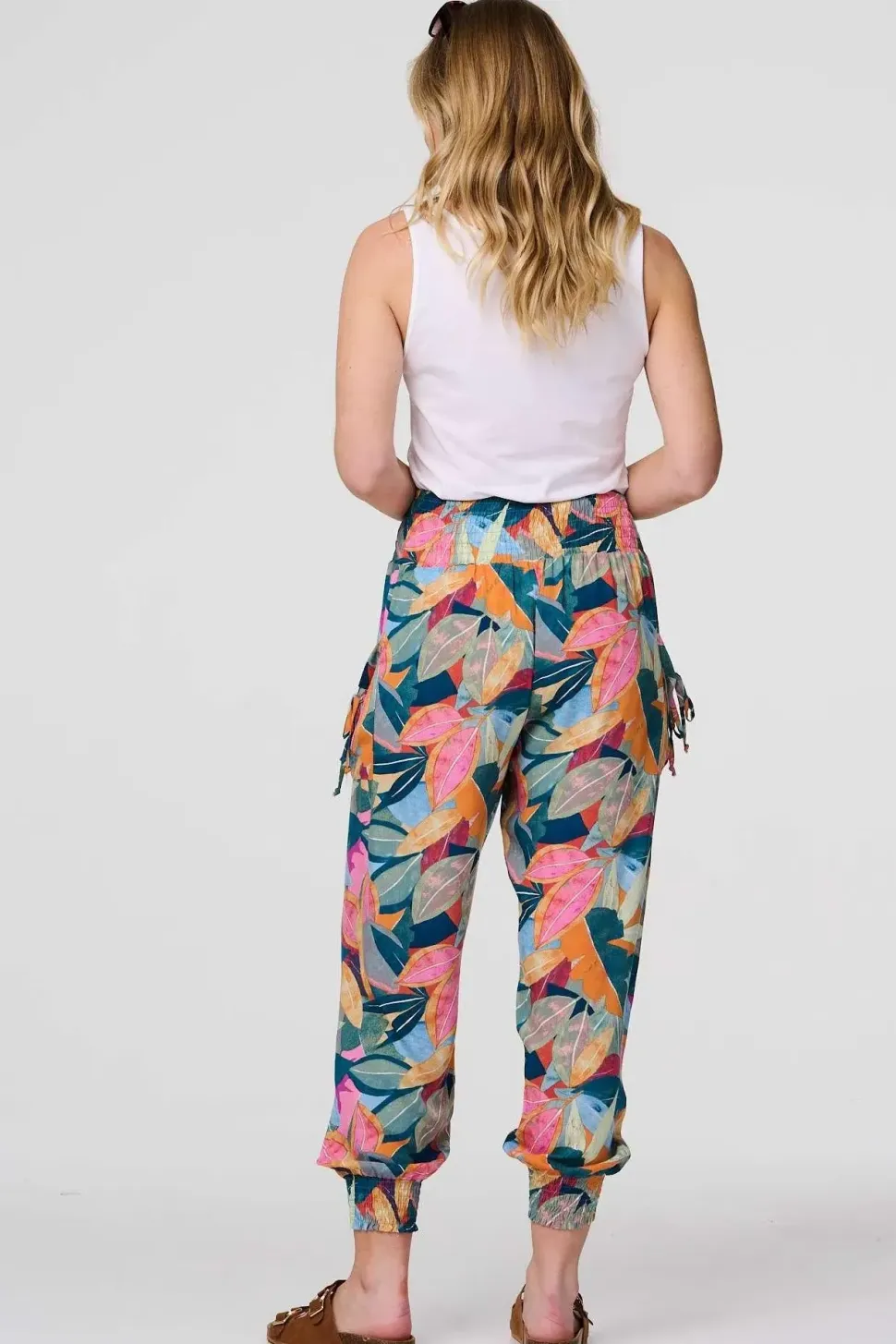 Leaf Print Tassel Pocket Harem Pants