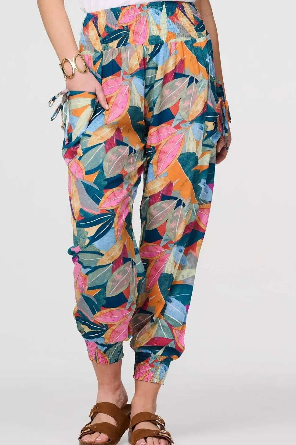 Leaf Print Tassel Pocket Harem Pants