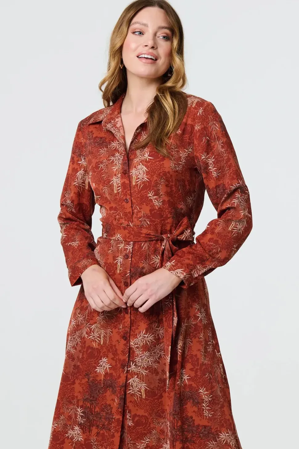 Leaf Print Tie Waist Midi Shirt Dress
