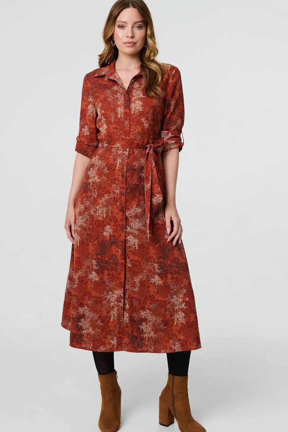 Leaf Print Tie Waist Midi Shirt Dress