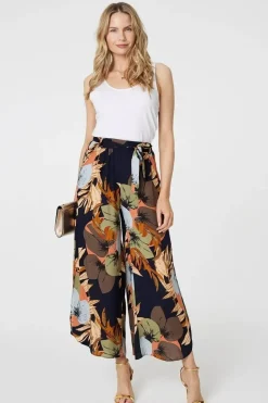 Leaf Print Tie Waist Split Leg Trousers