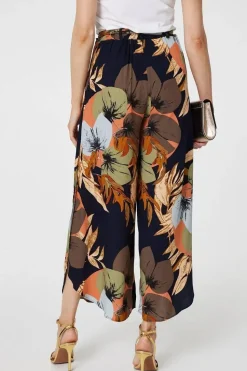 Leaf Print Tie Waist Split Leg Trousers