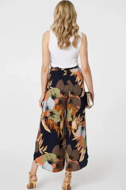 Leaf Print Tie Waist Split Leg Trousers