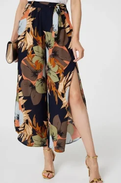 Leaf Print Tie Waist Split Leg Trousers