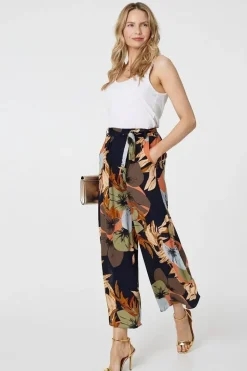 Leaf Print Tie Waist Split Leg Trousers