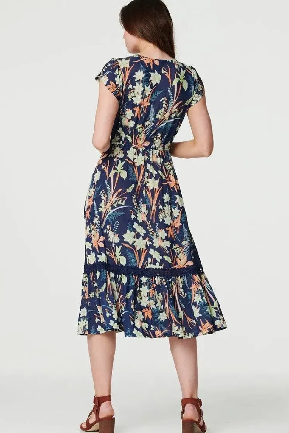 Leaf Print V-Neck Lace Trim Midi Dress