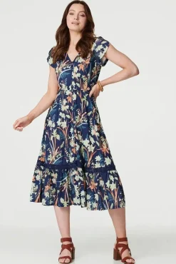 Leaf Print V-Neck Lace Trim Midi Dress