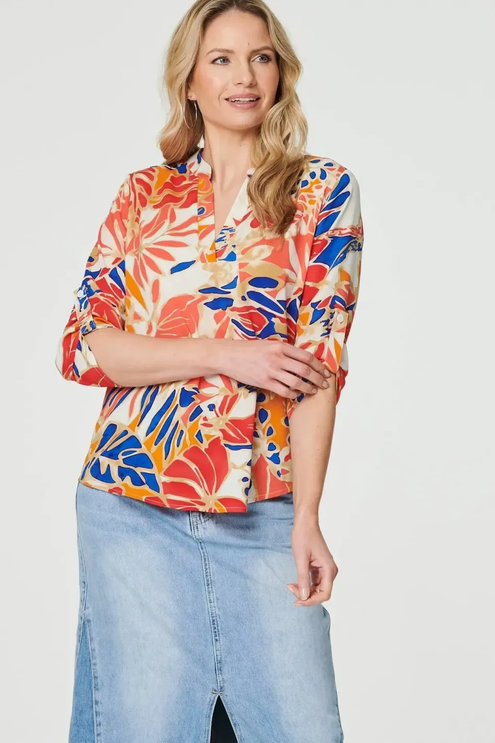 Leaf Print V-Neck 3/4 Sleeve Blouse