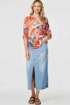 Leaf Print V-Neck 3/4 Sleeve Blouse