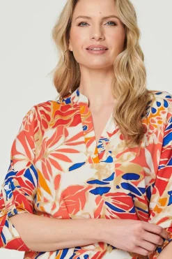 Leaf Print V-Neck 3/4 Sleeve Blouse
