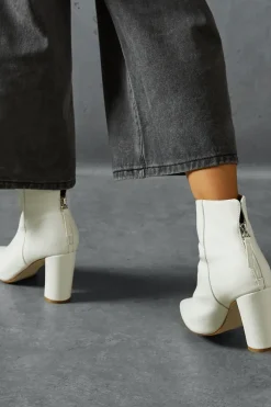Leather Look Block Heel Pointed Ankle Boots