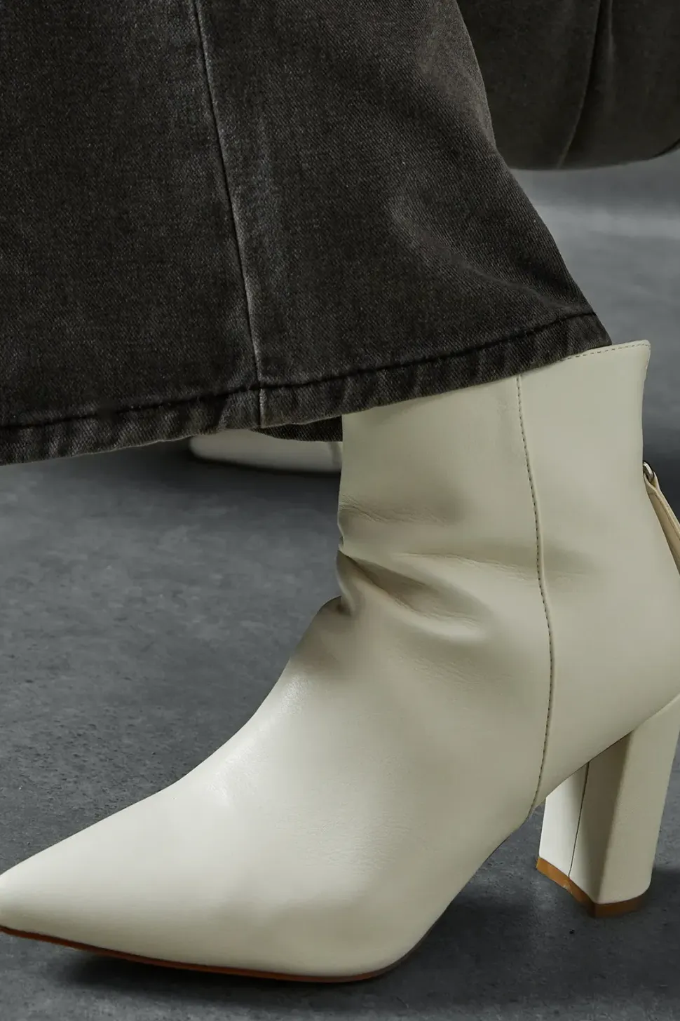 Leather Look Block Heel Pointed Ankle Boots