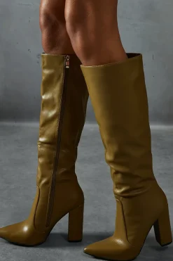 Leather Look Block Heel Pointed Boots