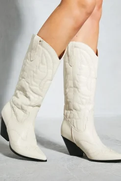 Leather Look Block Heel Western Boots