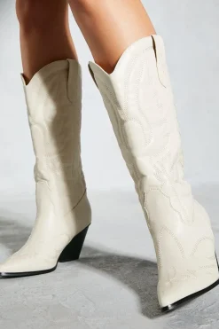 Leather Look Block Heel Western Boots