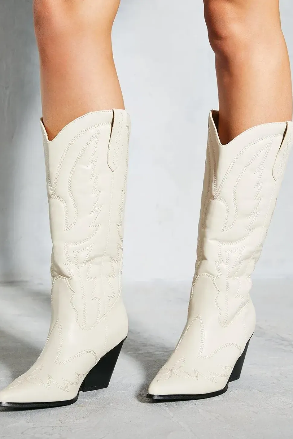 Leather Look Block Heel Western Boots
