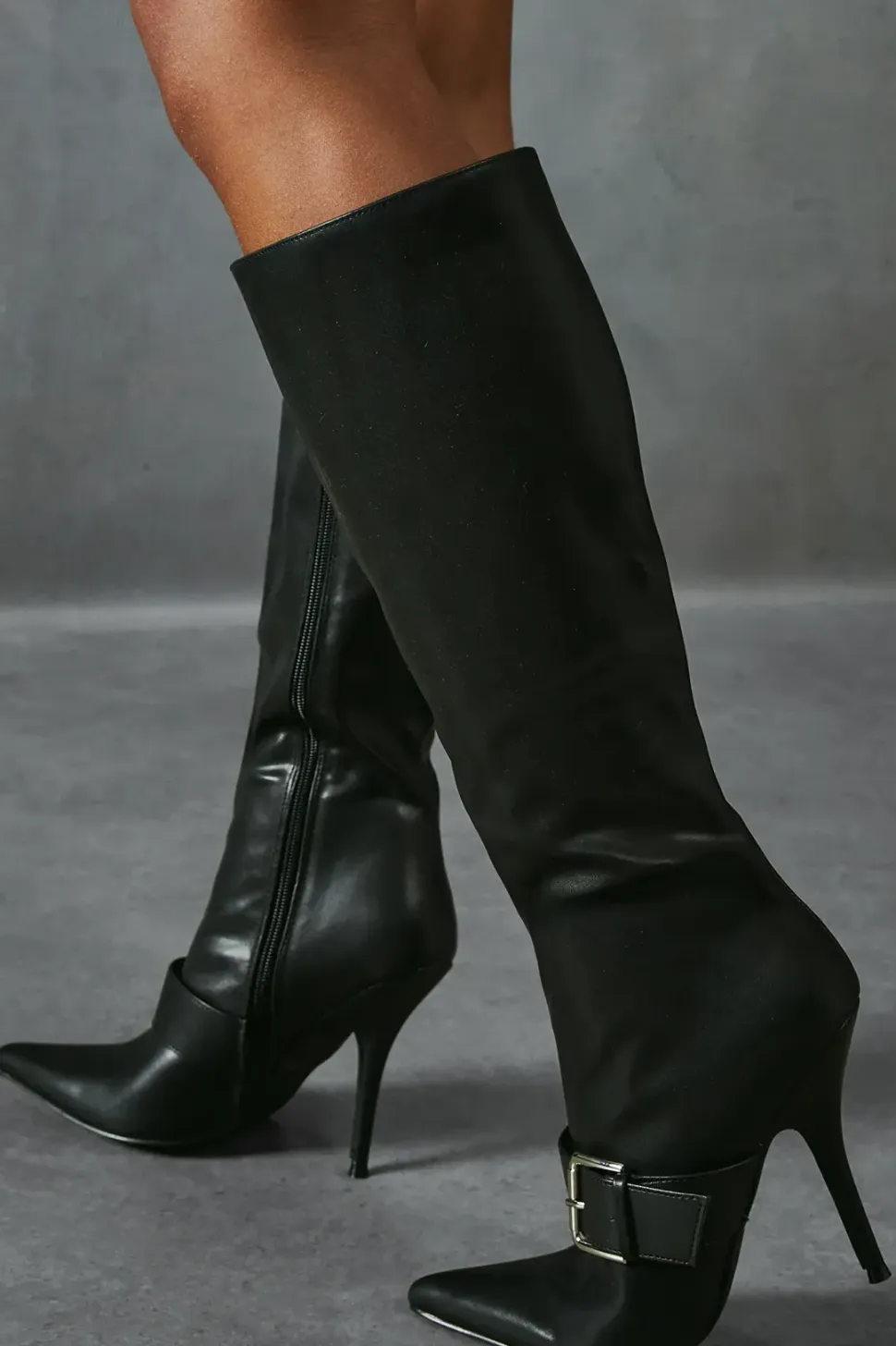 Leather Look Buckle Detail Knee High Boots