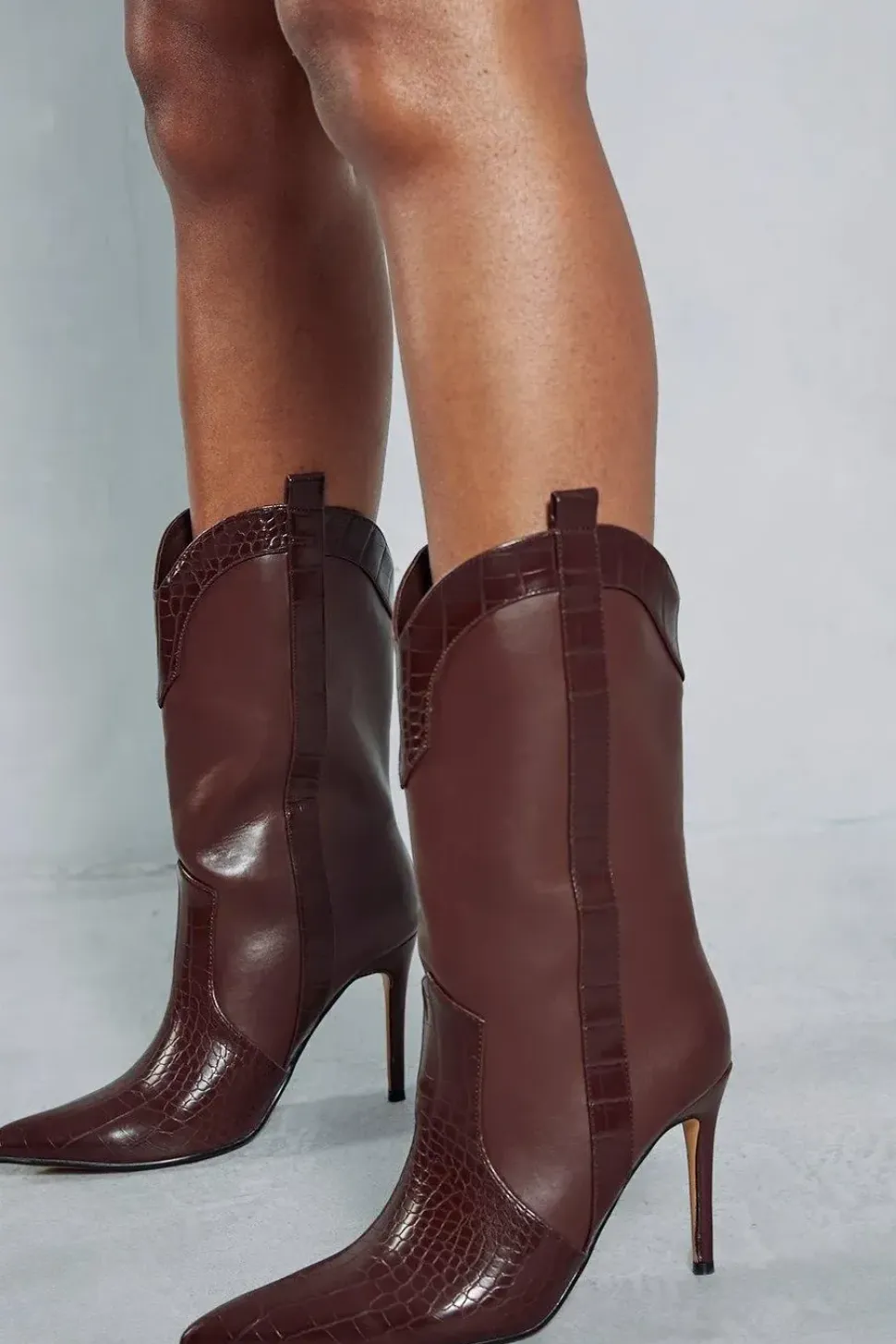 Leather Look Cowboy Heeled Boots