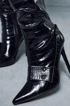 Leather Look Croc Heeled Boots