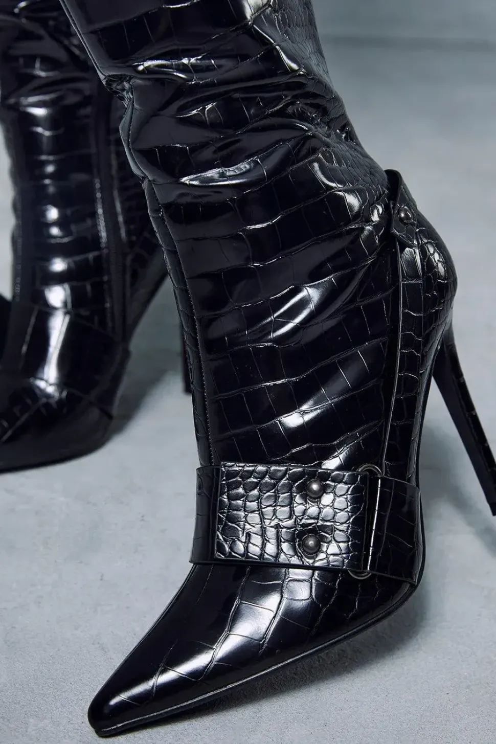 Leather Look Croc Heeled Boots
