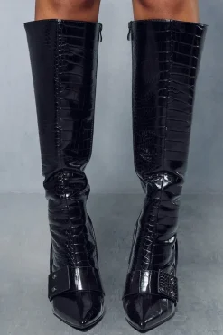 Leather Look Croc Heeled Boots