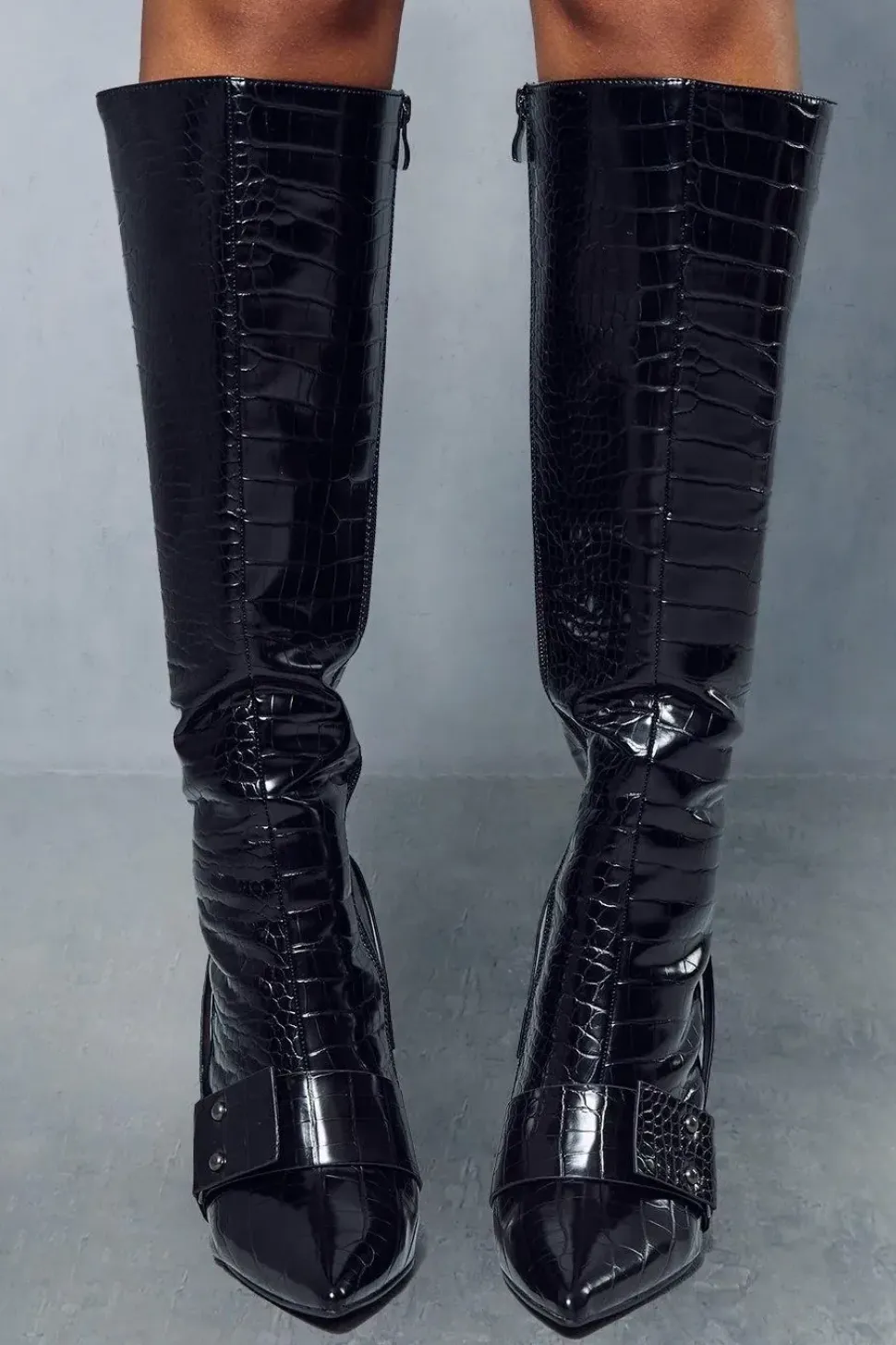 Leather Look Croc Heeled Boots