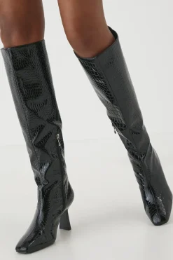 Leather Look Croc Wide Heel Boots