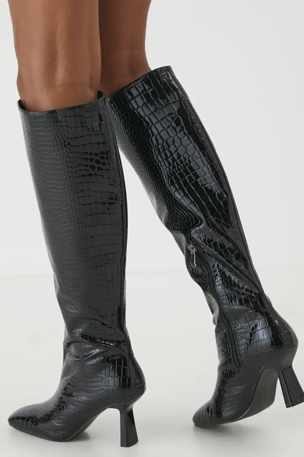 Leather Look Croc Wide Heel Boots
