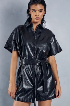 Leather Look Drop Shoulder Belted Mini Shirt Dress