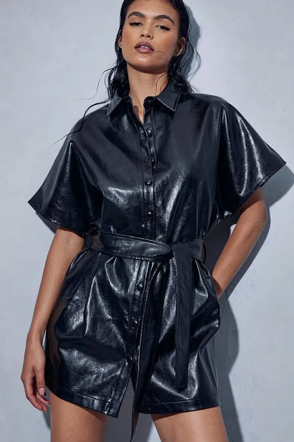 Leather Look Drop Shoulder Belted Mini Shirt Dress