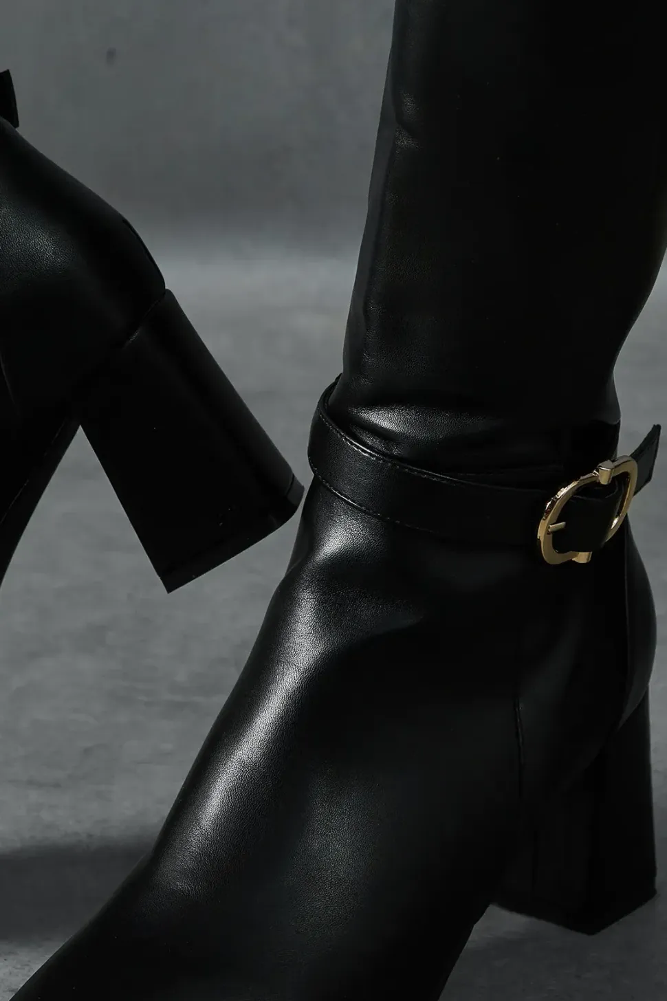 Leather Look Gold Buckle Knee High Boots