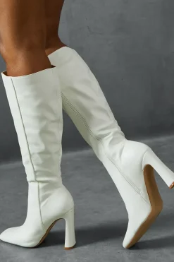 Leather Look Knee High Block Heeled Boots