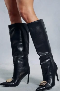 Leather Look Knee High Buckle Boots