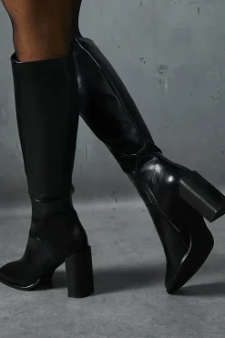 Leather Look Knee High Square Toe Boots