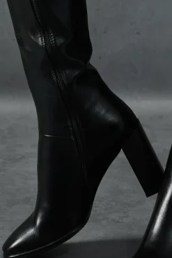 Leather Look Knee High Square Toe Boots