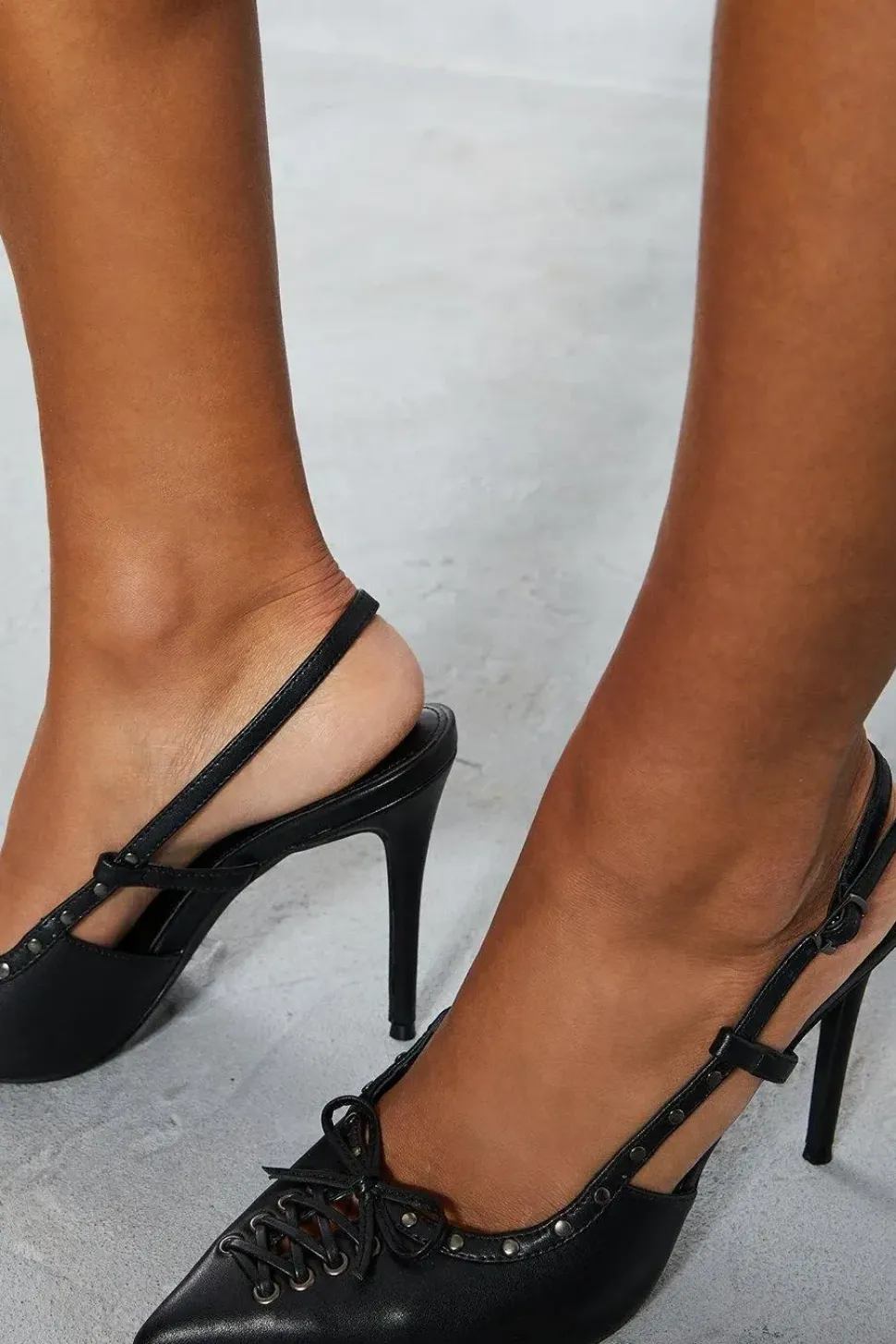 Leather Look Lace Up Studded Court Heels