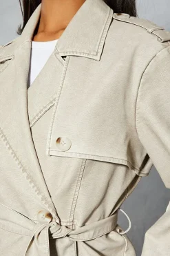 Leather Look Longline Belted Trench Coat