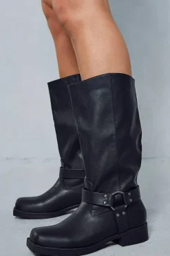 Leather Look Square Toe Buckle Knee High Boots