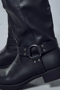 Leather Look Square Toe Buckle Knee High Boots