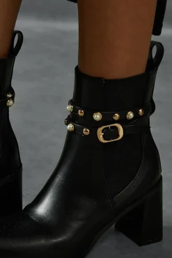 Leather Look Studded Ankle Boots