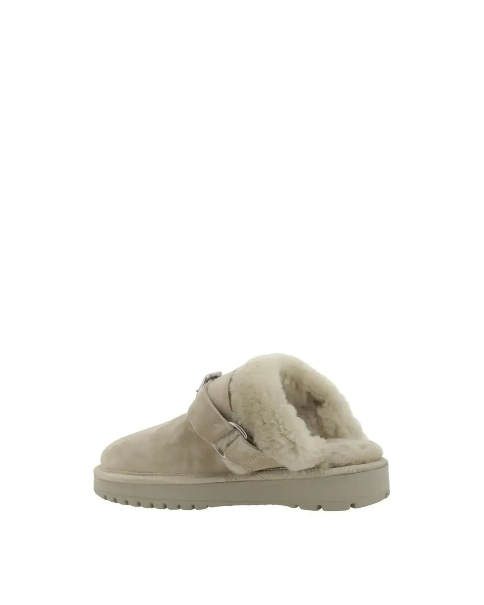 Leather Shearling-Lined Slip-On Mules with Suede Upper and Flat Sole